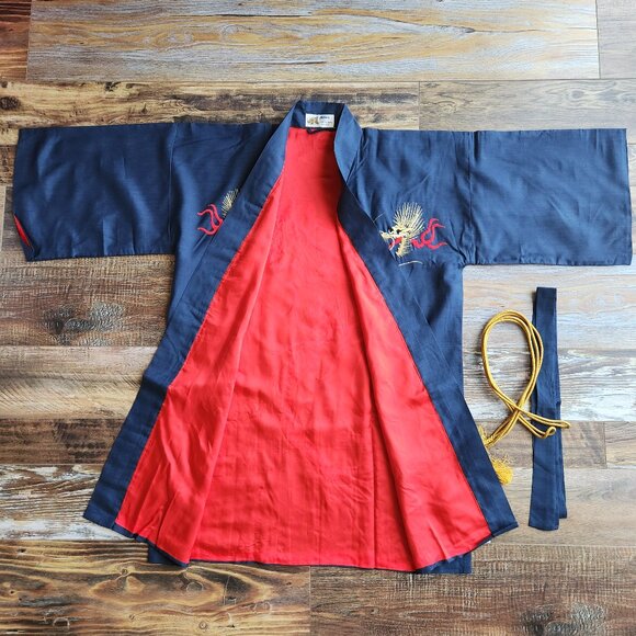 Japanese Dragon Embroidered Silk Kimono Robe Belt Blue Men's Made in Japan - Picture 8 of 12